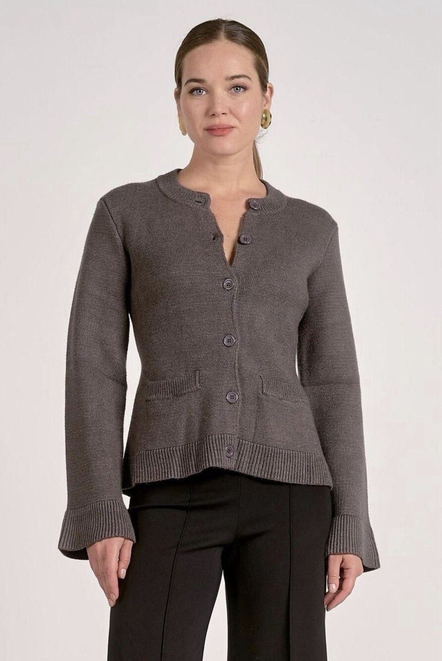 Elan Molly Grey Cardigan Flare Sleeve  Button Crew Neck Long Sleeve Women's S